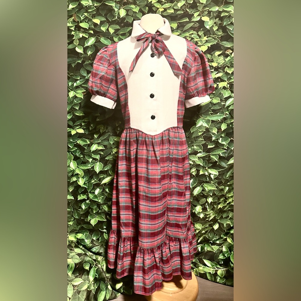 Vintage Youngland Cotton Prairie Dress Red Plaid Short Sleeve Button Girls 12